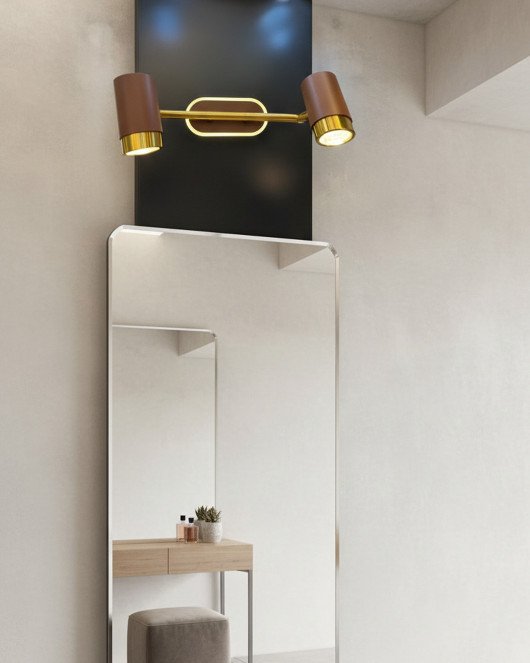 Swanart modern LED wall light with dual adjustable heads in gold and brown finish, suitable for bathroom or vanity lighting.