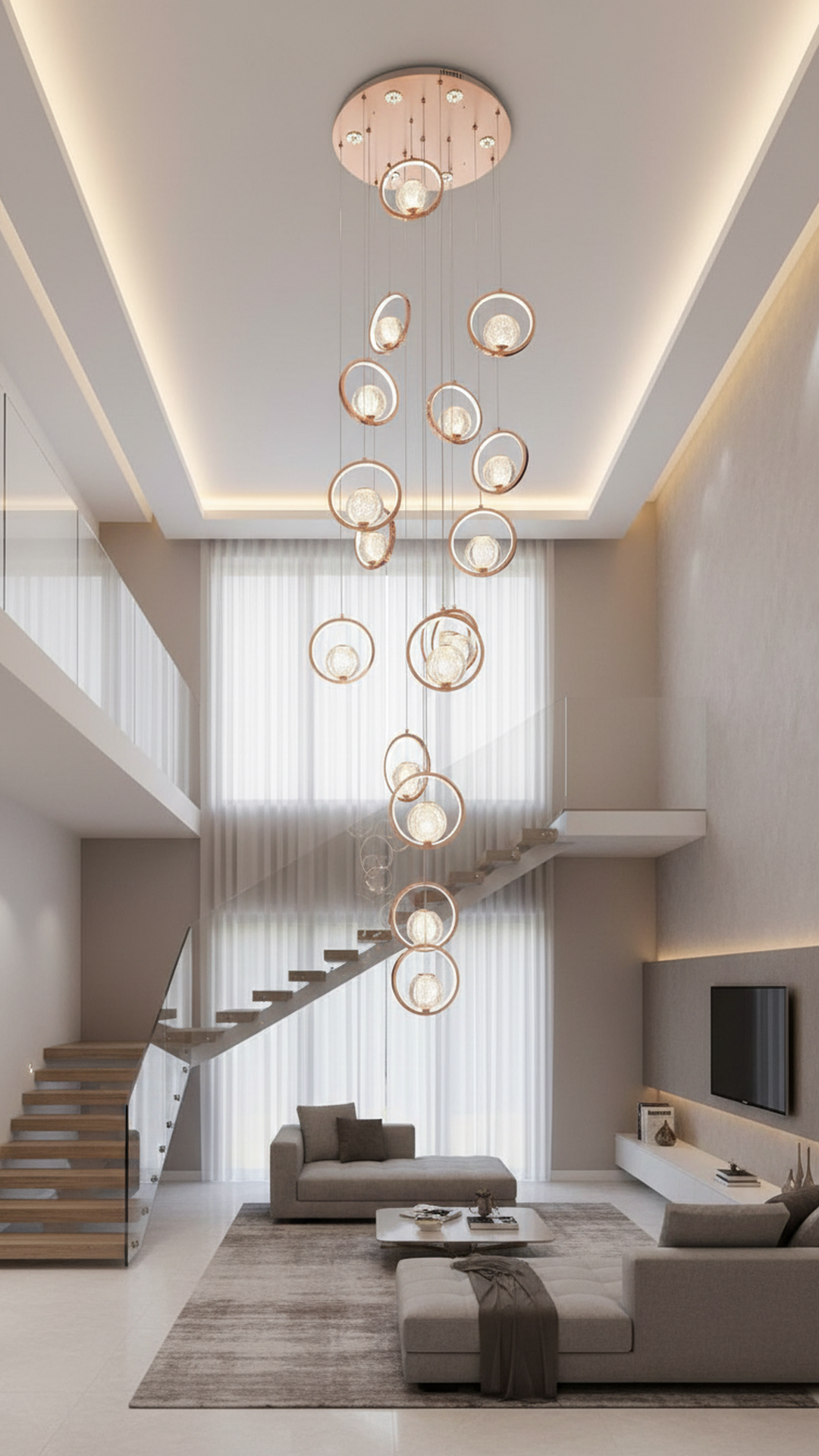 Swanart modern duplex crystal chandelier with rose gold ring design, LED hanging pendant light for living room, staircase, or hallway decor.