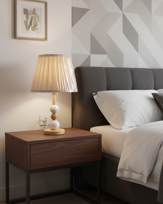 Swanart modern bedside table lamp with fabric shade, wooden and ceramic base, emitting warm ambient light for bedroom or living room.