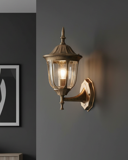 Swanart vintage outdoor wall light with antique brass finish, glass lantern sconce, waterproof LED lamp for balcony, porch, or garden.