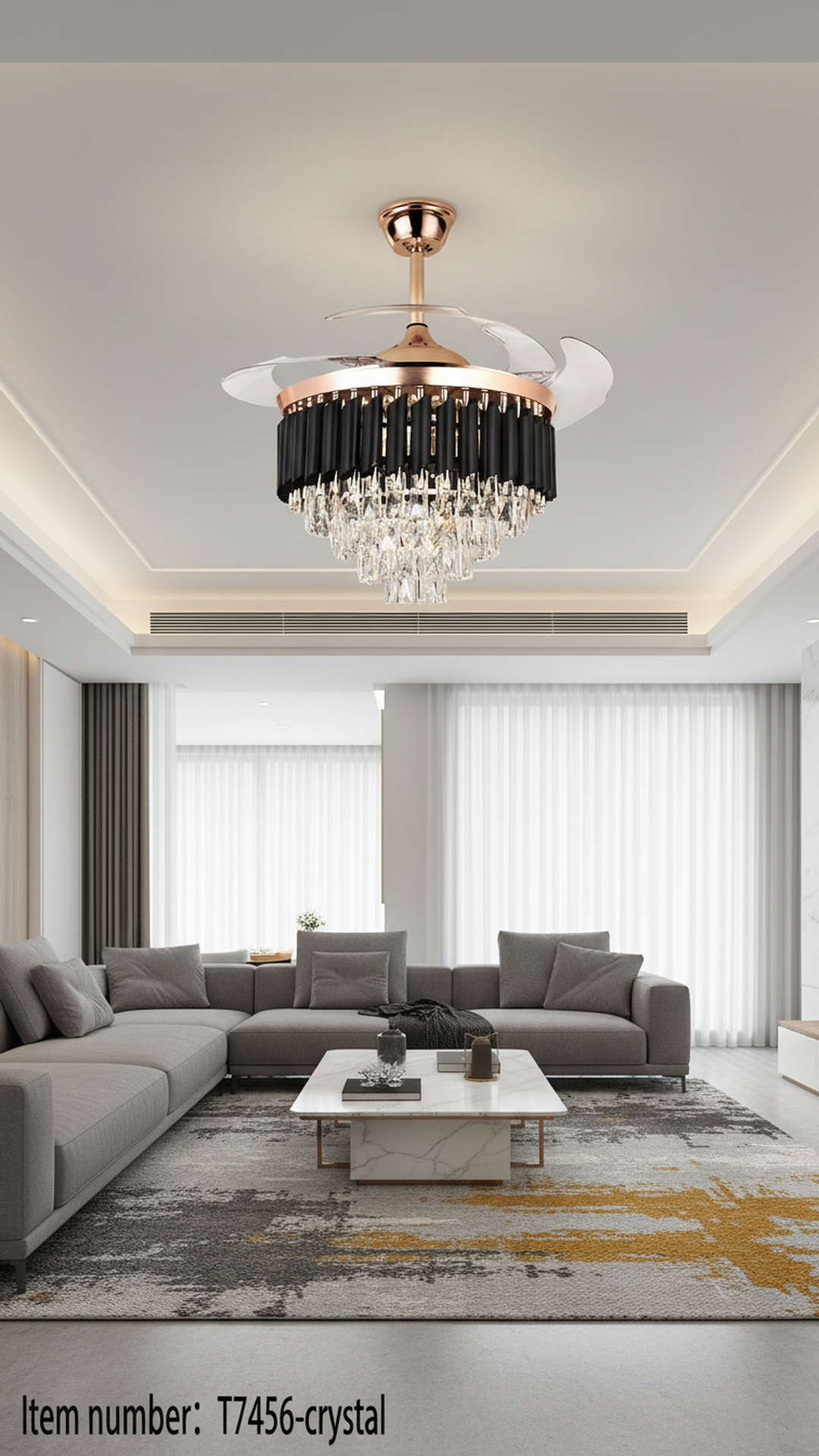 Swanart Modern Crystal Chandelier Fan with Retractable Blades, LED Ceiling Fan Light, Rose Gold Finish, Luxury Crystal Ceiling Light with Fan for Living Room Bedroom