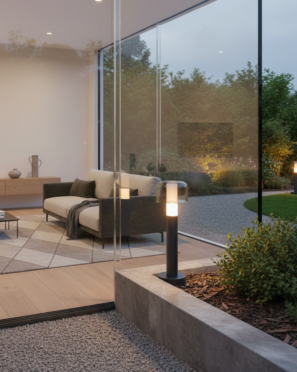 Swanart modern outdoor bollard light in black finish, waterproof LED garden pathway lamp illuminating villa walkway and yard.