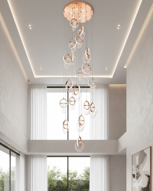 Swanart modern crystal ring chandelier with rose gold finish, LED hanging pendant light for living room, staircase, and hall decor.