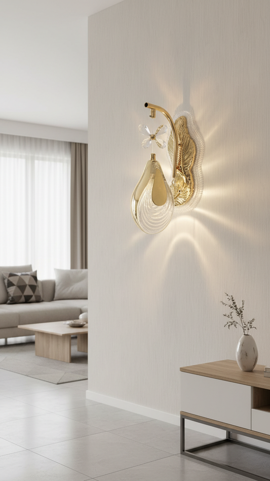 Swanart Luxury Gold Leaf Wall Light with Crystal Flower Accent – Modern Decorative LED Wall Sconce, Elegant Glass Drop Wall Lamp for Living Room Bedroom Hallway Hotel Interior Wall Lighting