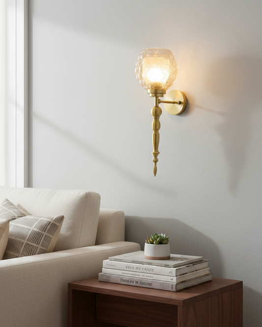 Swanart modern gold wall light with glass shade, decorative LED sconce, vintage metal fixture for living room or bedroom lighting.