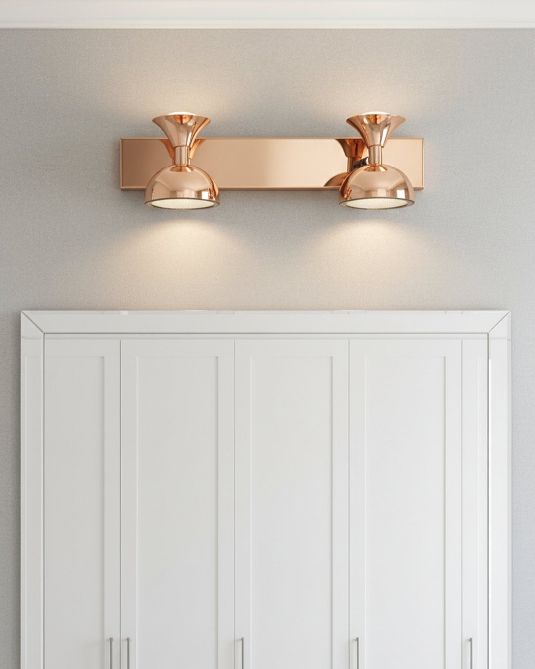 Swanart modern rose gold dual LED wall sconce with adjustable double dome shades, ideal for living room, bedroom, or hallway decor