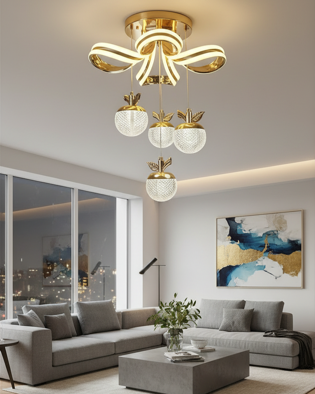 Swanart modern gold LED chandelier pendant light with crystal apple glass shades hanging in a stylish living room setting