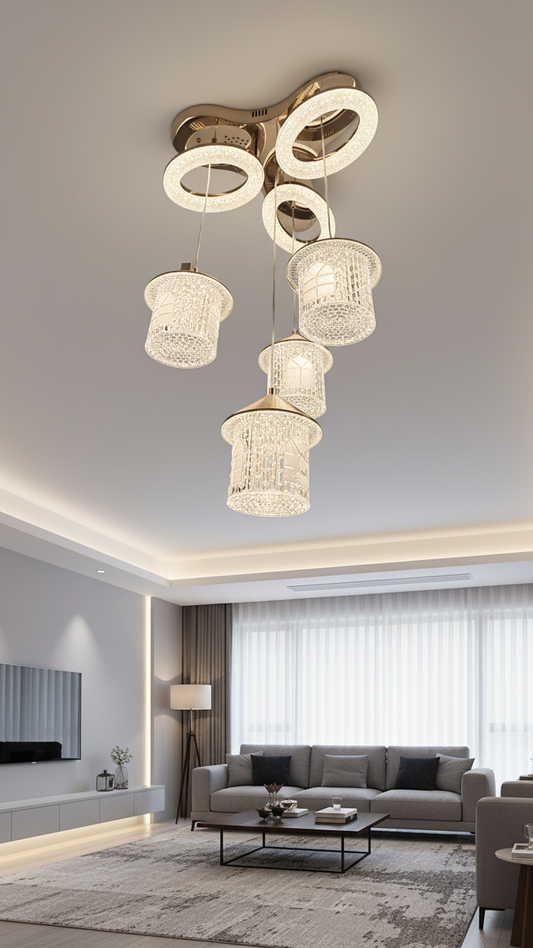 Swanart rose gold LED chandelier with crystal rings, modern pendant ceiling light featuring Bluetooth music system for living rooms and bedrooms.