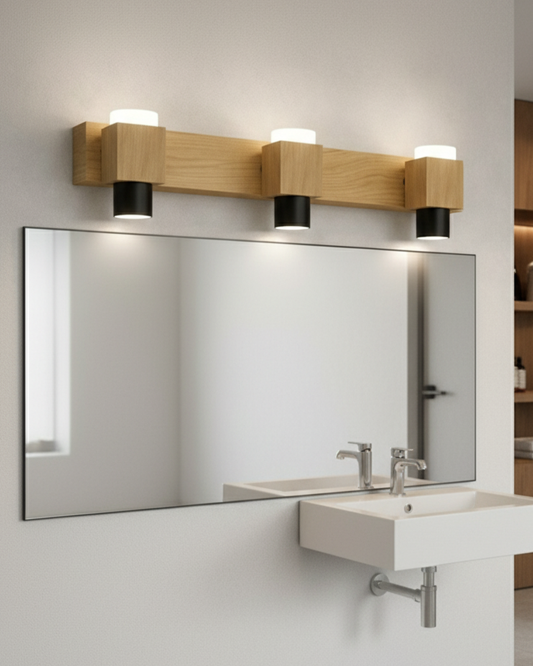 Swanart modern LED mirror light, 3-light wooden wall sconce for bathroom vanity with warm white illumination and stylish design