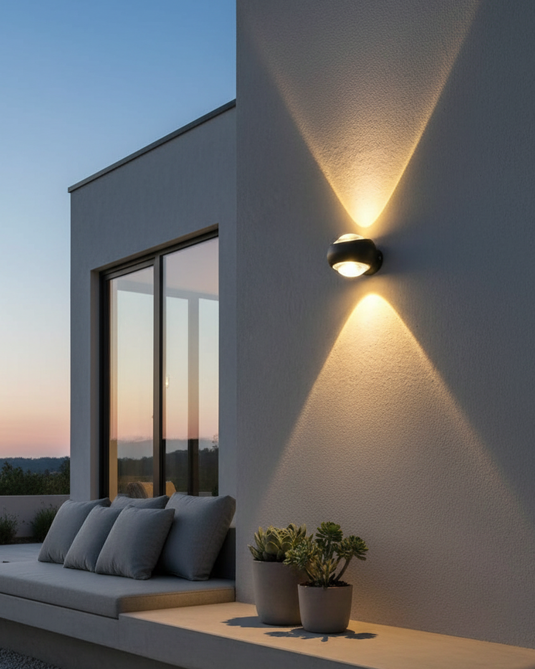 Swanart modern outdoor LED wall light fixture with warm white illumination, waterproof up-down sconce for balcony, garden, or patio.
