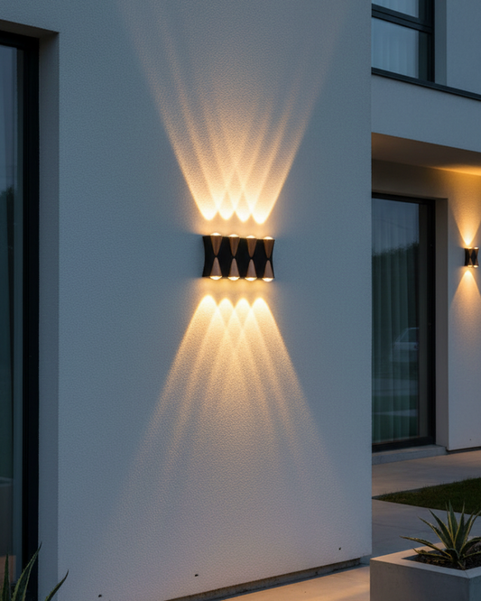 Swanart modern outdoor LED wall light in black finish, waterproof exterior sconce illuminating up and down for home garden or porch.