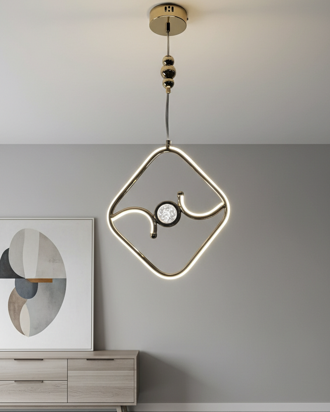 Swanart modern gold LED pendant light with diamond chandelier design, warm LED ring, hanging ceiling fixture in a contemporary living space