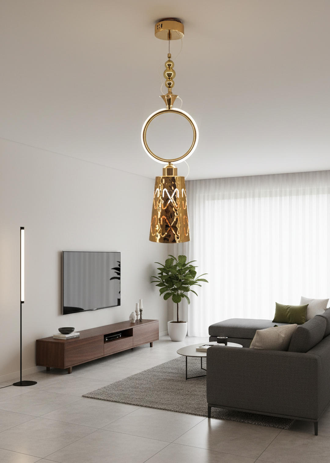 Swanart modern gold pendant light with ring design and hammered metal shade, hanging over a kitchen island or dining table.