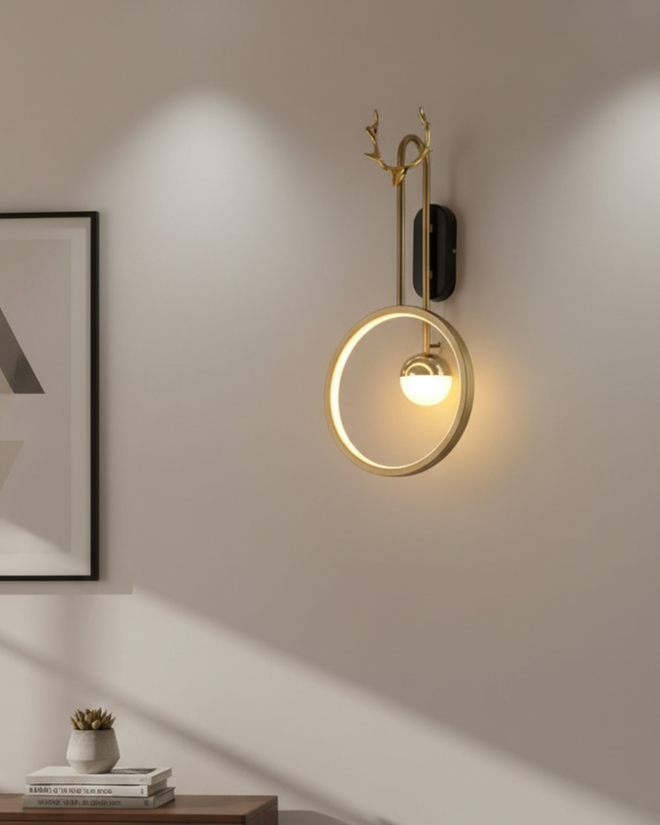 Modern Swanart gold LED wall light with ring and deer antler design, warm glow decorative wall sconce for living rooms and hallways.