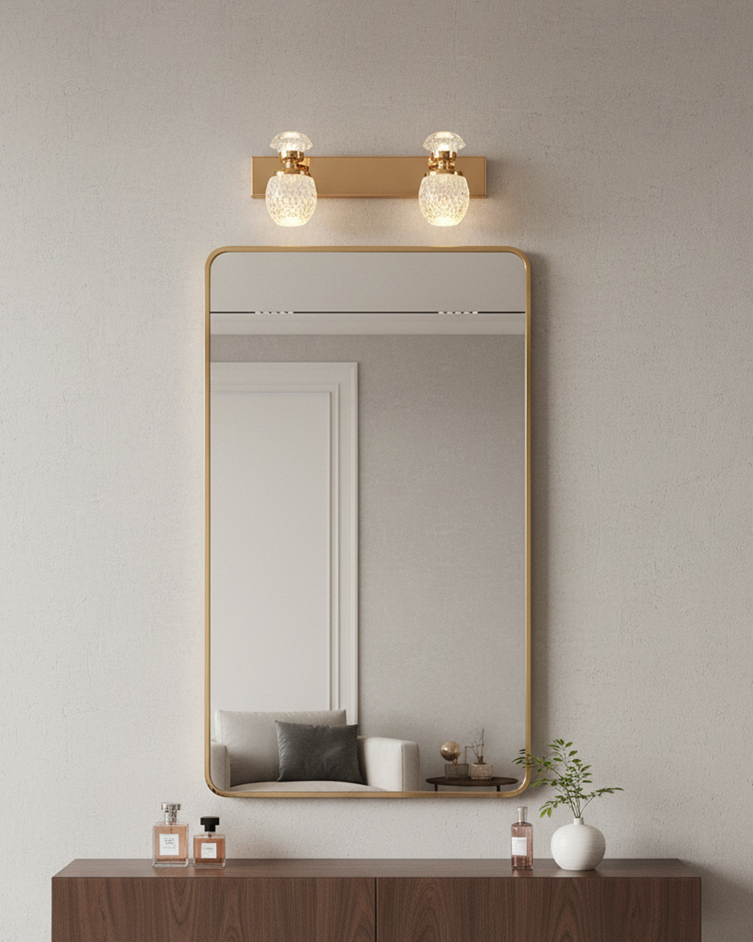 Swanart luxury crystal glass double LED wall light with gold mirror finish, modern bedroom or living room wall lamp, 32cm wide.