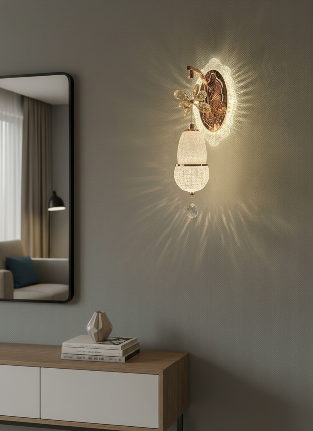 Swanart luxury crystal butterfly wall light with rose gold finish and LED illumination, decorative modern sconce for living room or bedroom.