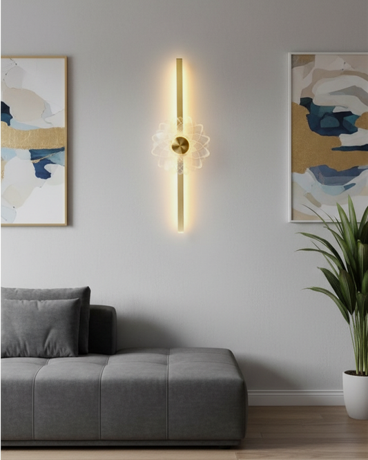 Swanart modern gold LED wall sconce with decorative crystal pattern, warm white light, ideal for living room, bedroom, or hallway.