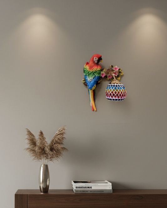 Colorful parrot mosaic wall light by Swanart with multicolor glass shade, decorative bird LED sconce for modern living room or bedroom decor.
