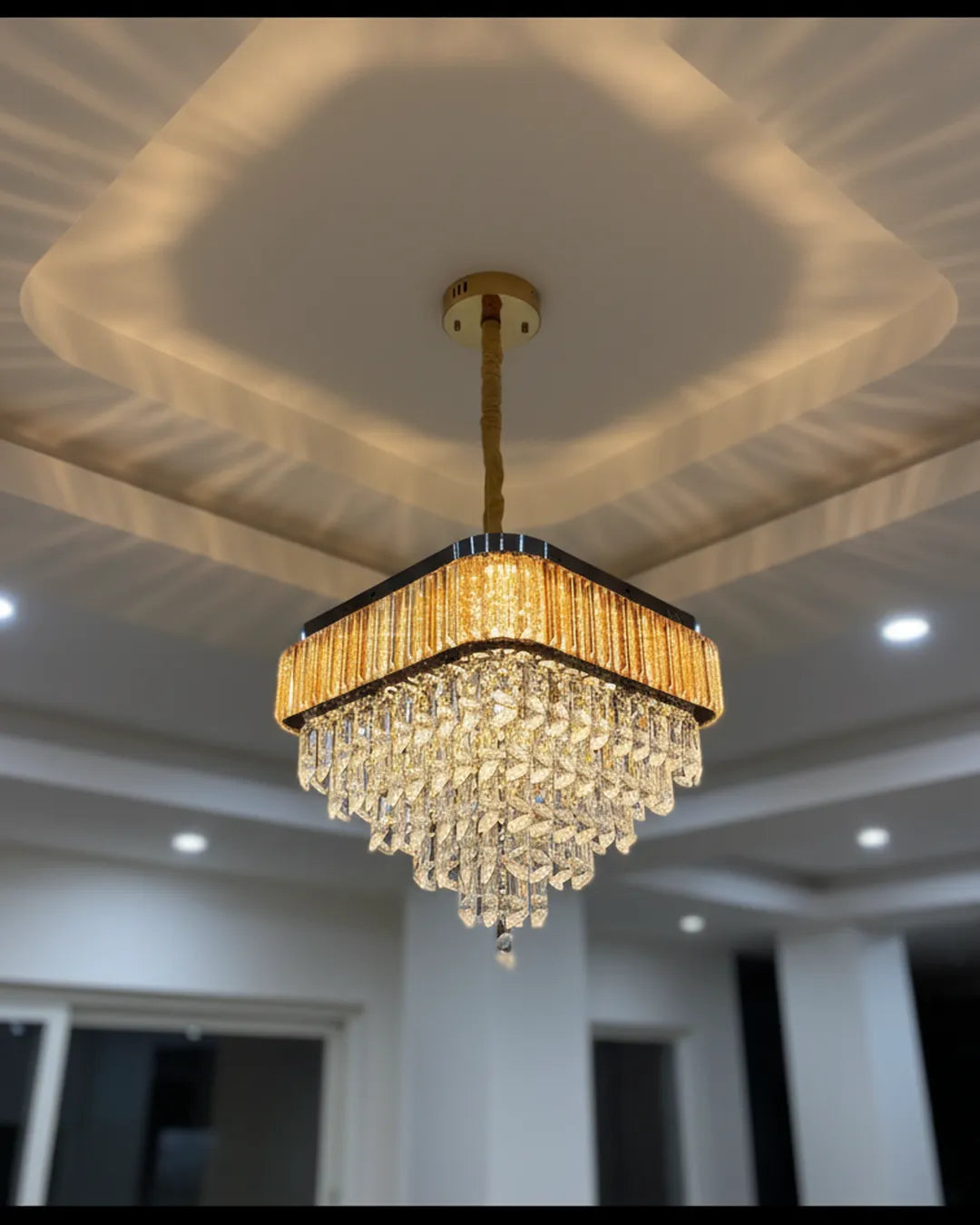Modern Swanart crystal chandelier with gold finish, square design, LED pendant lamp for living room, dining room, bedroom, hallway lighting.