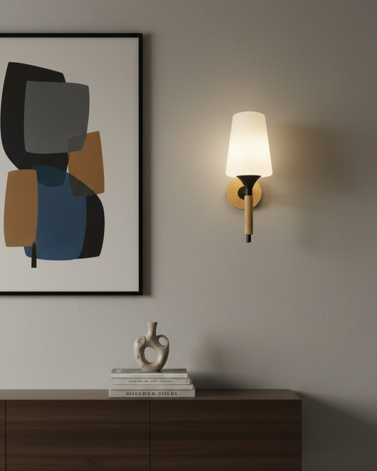 Swanart modern wooden wall light with frosted glass shade, minimalist wall sconce for warm ambient lighting in bedroom or living room.