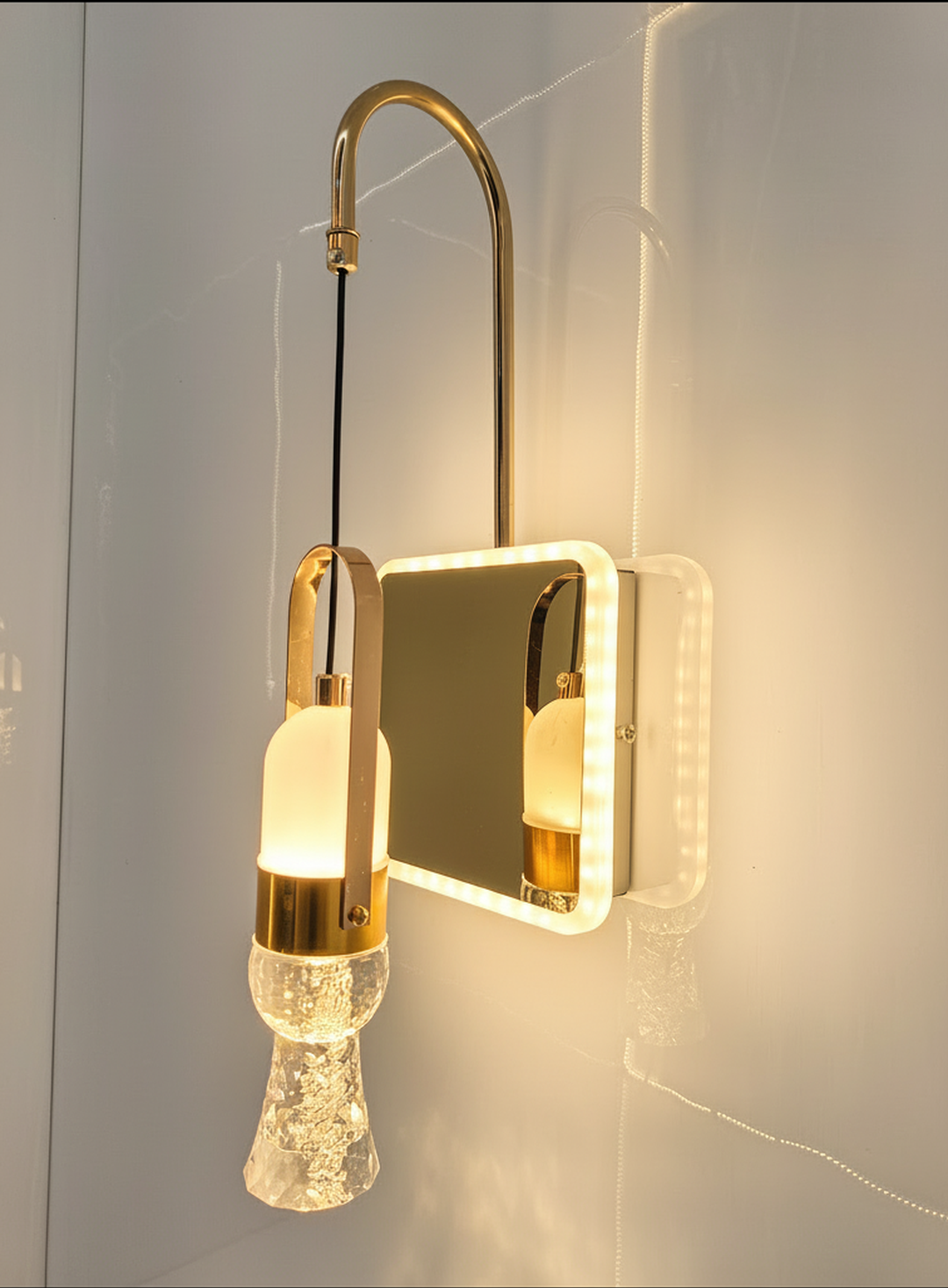 Swanart Modern Crystal Wall Sconce with LED Mirror - Elegant Bathroom Vanity Light Fixture with Gold Finish & Crystal Shade - Swanart