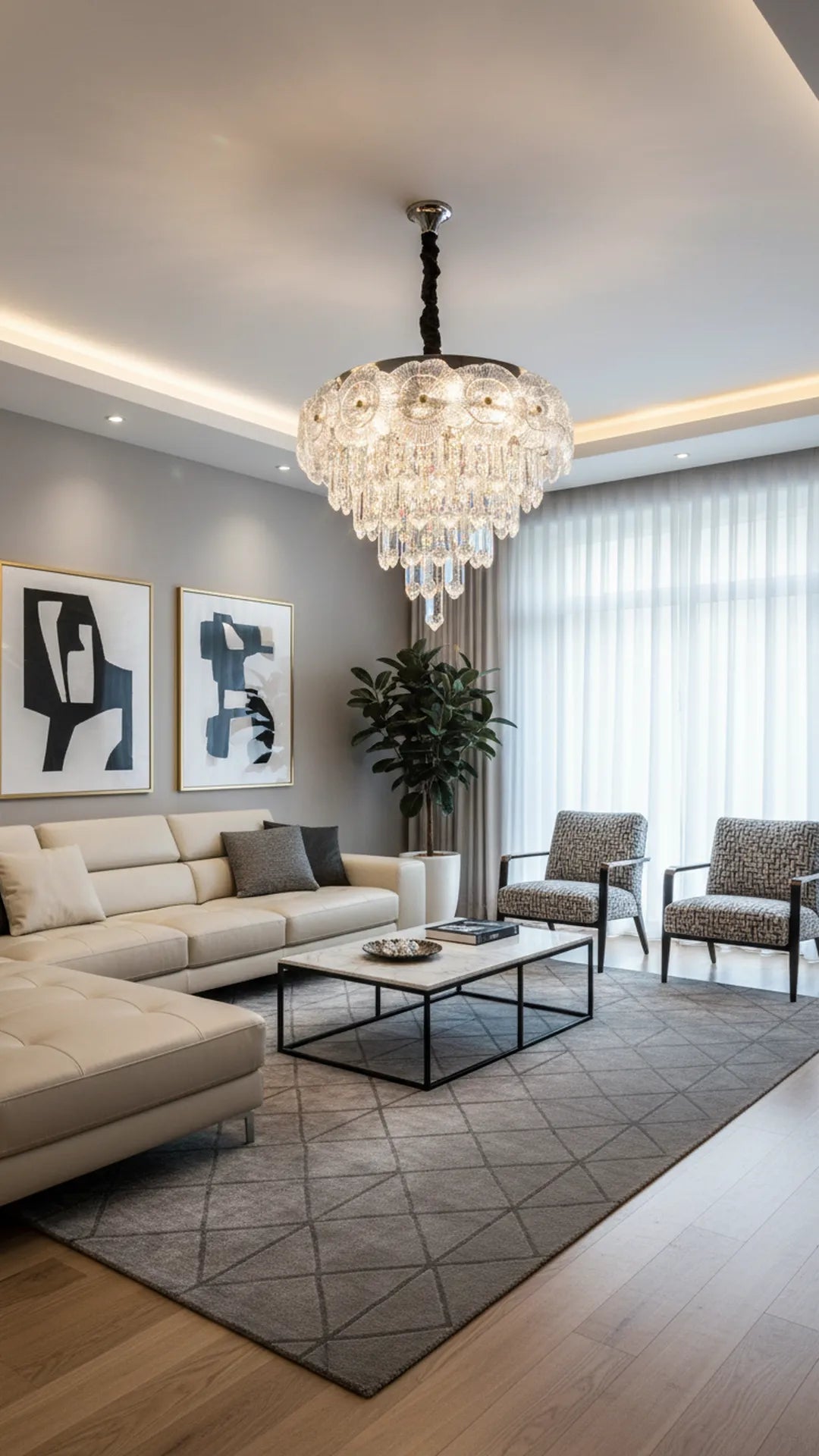 Swanart modern crystal flower chandelier with hanging LED lights, elegant glass crystal pendants, decorative ceiling lighting in a living room