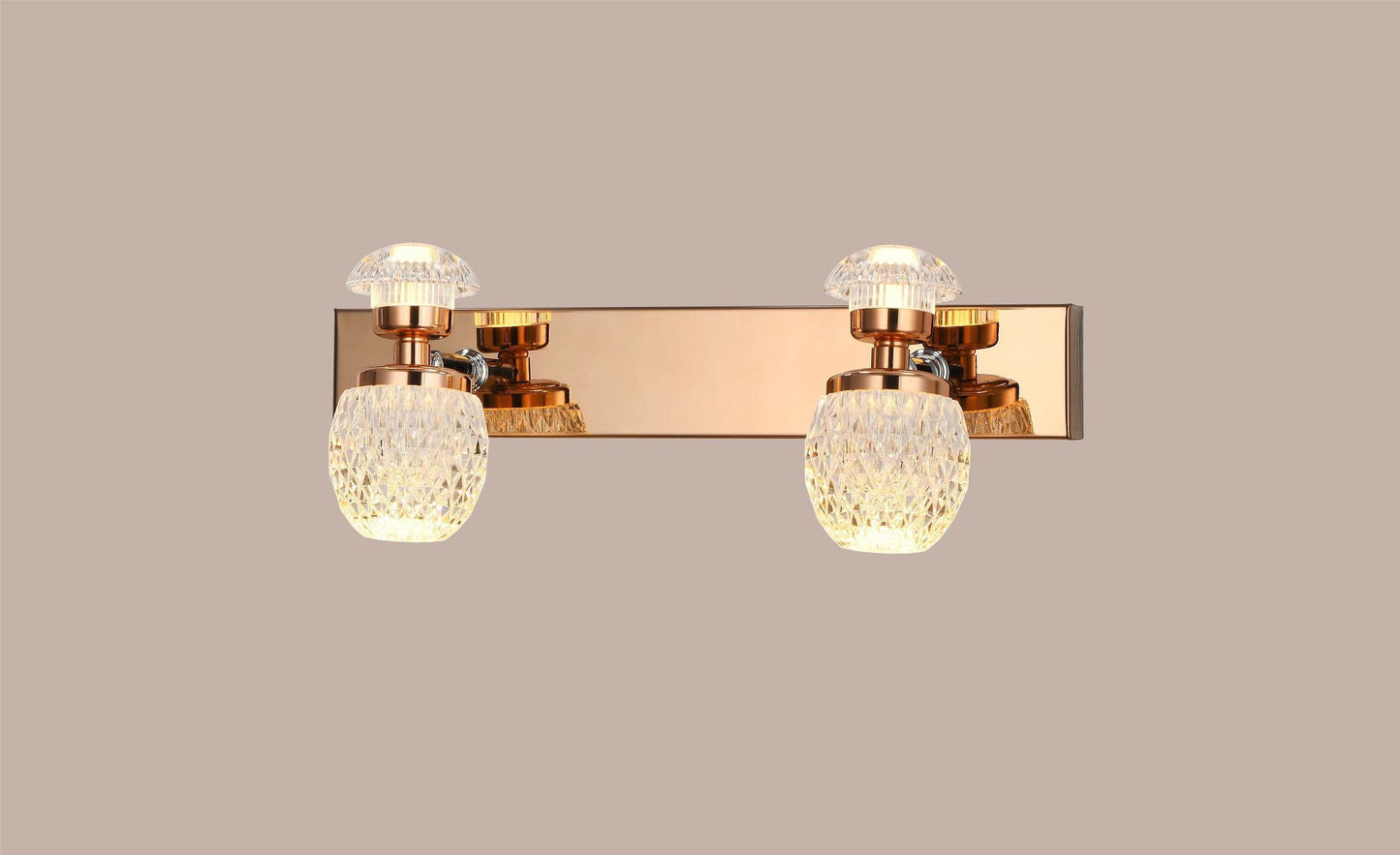 Swanart Luxury Crystal Glass Double LED Wall Light for Bedroom, Living Room & Vanity | 2-Light Fixture with Golden Mirror Finish | Decorative Modern Wall Lamp | 32cm Width, 13cm Height, 6.5cm Depth - Swanart