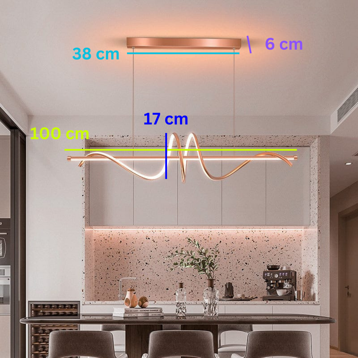 Swanart Modern Wave LED pendant light hanging over a dining table, 100cm gold and rose gold designer chandelier for kitchen island.