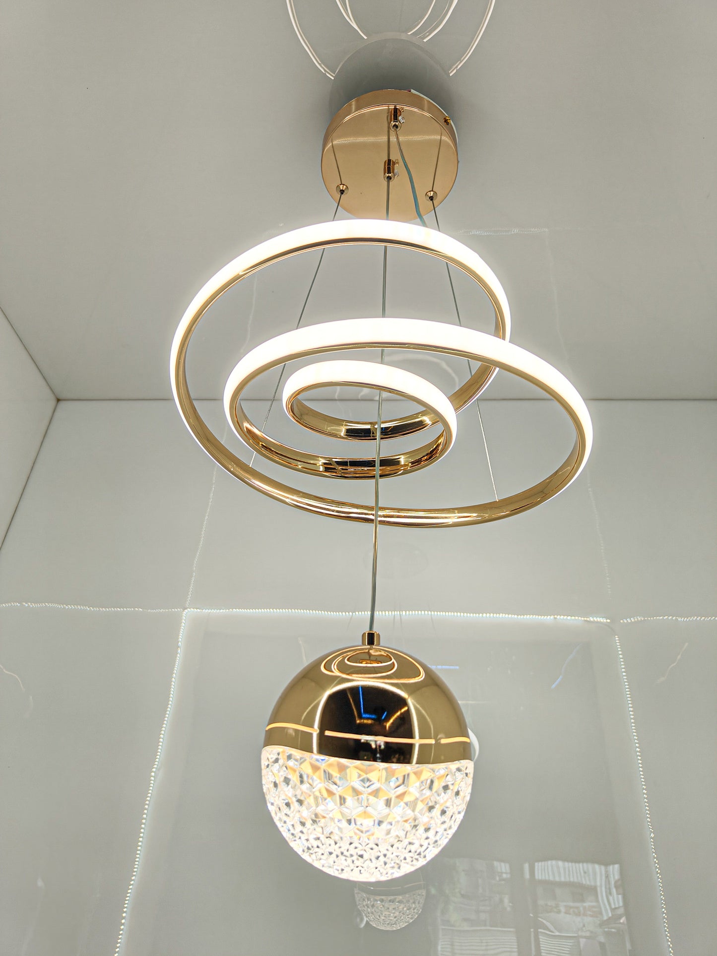 Swanart Modern LED Ceiling Pendant Light with Crystal Ball, Spiral Design Chandelier, Dimmable Hanging Lamp for Dining Room, Living Room, Bedroom, Hallway (Gold) - Swanart