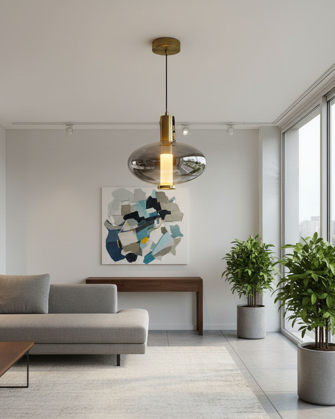 Swanart Modern Grey Glass Pendant Light for Living Room, Hanging Light, Pendant Lamp, Decorative Ceiling Light, Adjustable Height Suspension Light for Dining Room, Kitchen Island & Bedroom
