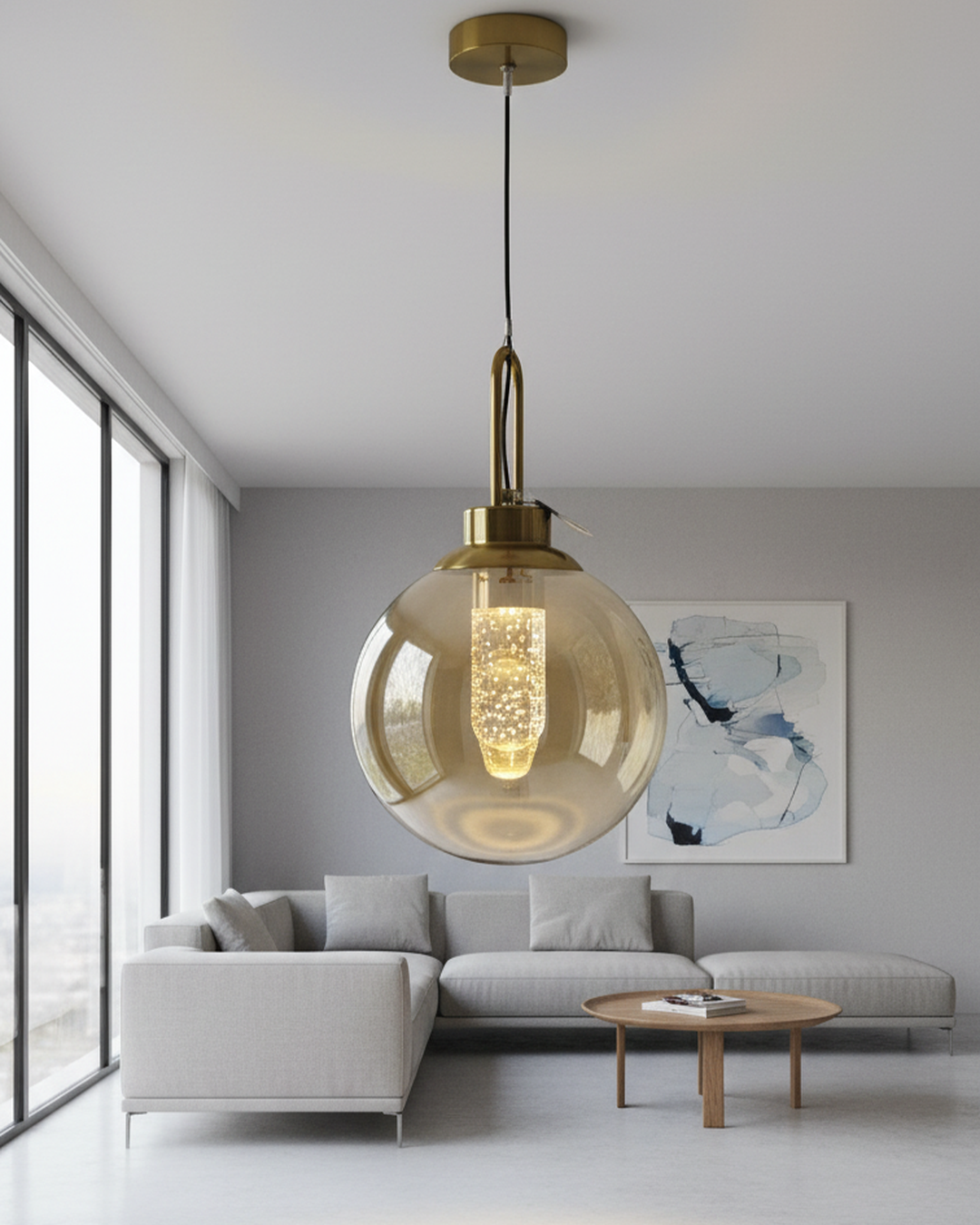Swanart Modern Globe Pendant Light with Amber Glass Shade, Adjustable Hanging Light, LED Pendant Lamp, Decorative Ceiling Light, Contemporary Chandelier for Living Room, Dining Room & Bedroom