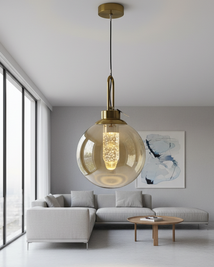 Swanart Modern Globe Pendant Light with Amber Glass Shade, Adjustable Hanging Light, LED Pendant Lamp, Decorative Ceiling Light, Contemporary Chandelier for Living Room, Dining Room & Bedroom