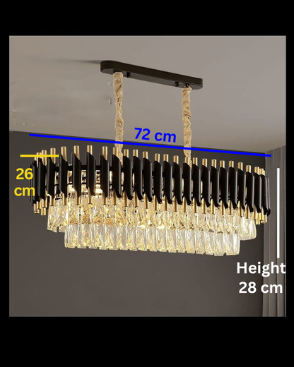Swanart Refined Elegance black Mamba crystal chandelier with rectangular design and sparkling crystal accents hanging from a black frame.