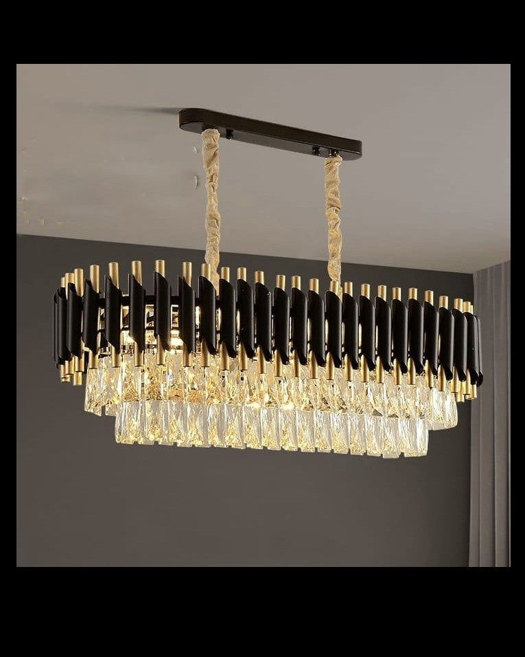 Rectangle black Mamba crystal chandelier by Swanart with sparkling crystal accents and sleek black frame for elegant lighting.