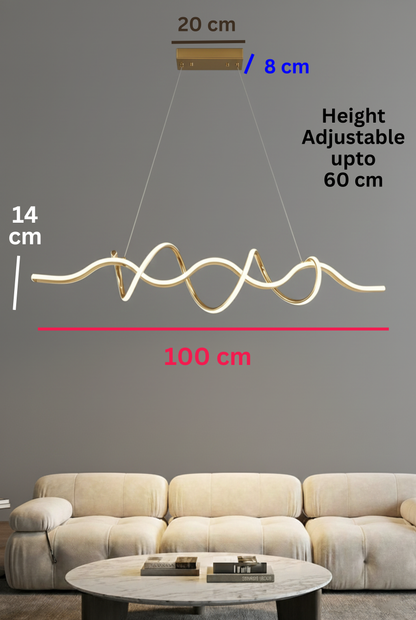 Swanart modern wave LED chandelier pendant light in gold, 14cm size, hanging ceiling lamp with adjustable height for dining or living rooms