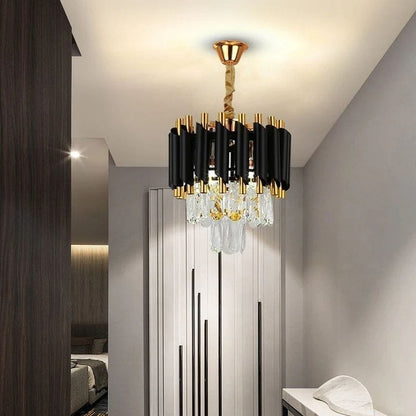 Swanart Modern Black Gold Chandelier Crystal Ceiling Light, Luxury Hanging Pendant Lamp for Living Room Bedroom Hallway, Elegant Contemporary Living Room Lighting Fixture - Swanart