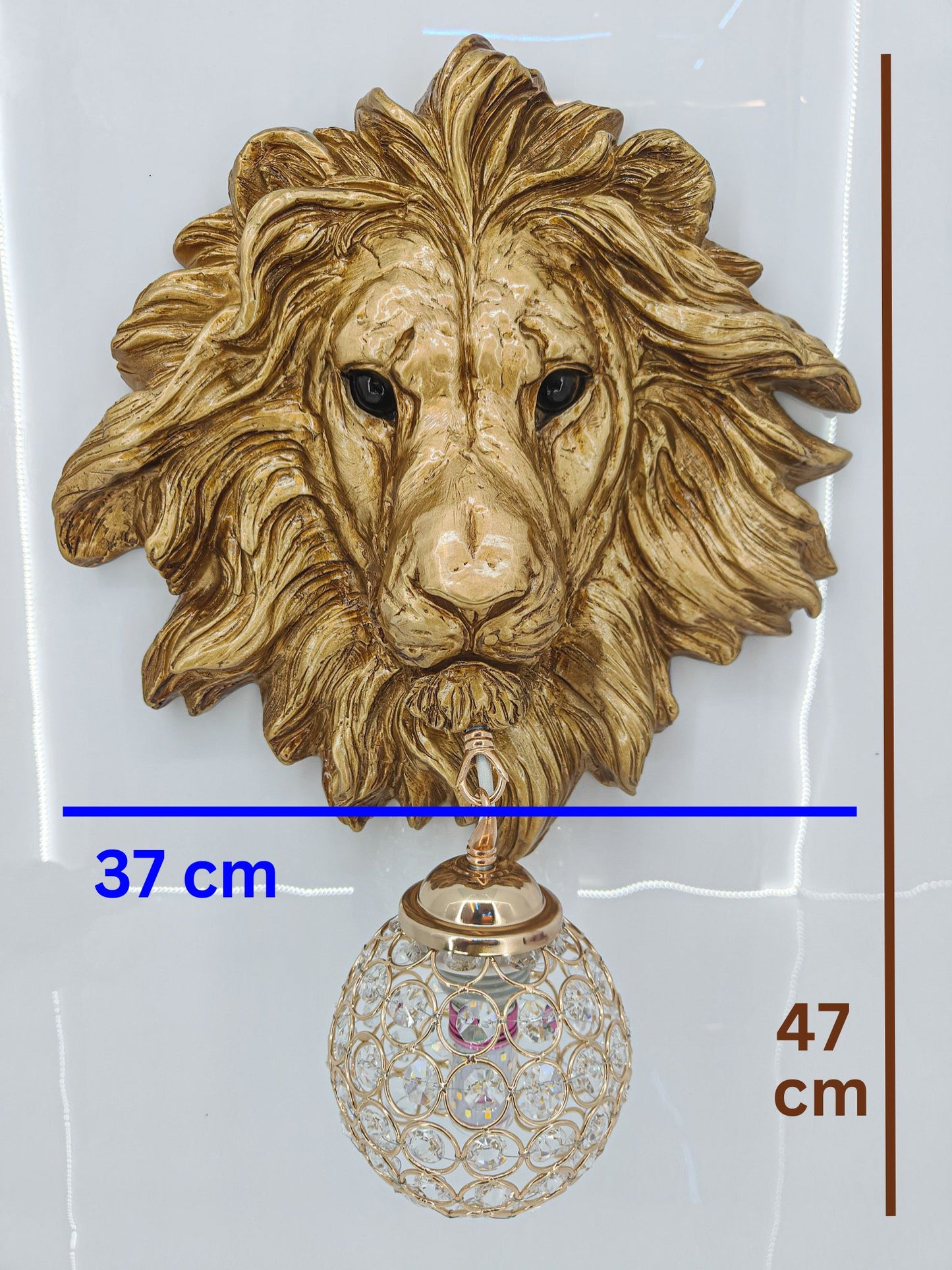 Swanart Leonara Lion Head Wall Light – Decorative Gold Lion Face with Crystal Globe, 37x47 cm – Elegant Wall Sconce for Living Room, Bedroom, and Offices