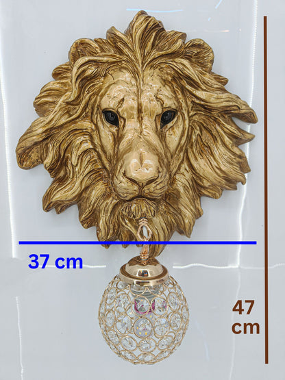 Swanart Leonara Lion Head Wall Light – Decorative Gold Lion Face with Crystal Globe, 37x47 cm – Elegant Wall Sconce for Living Room, Bedroom, and Offices