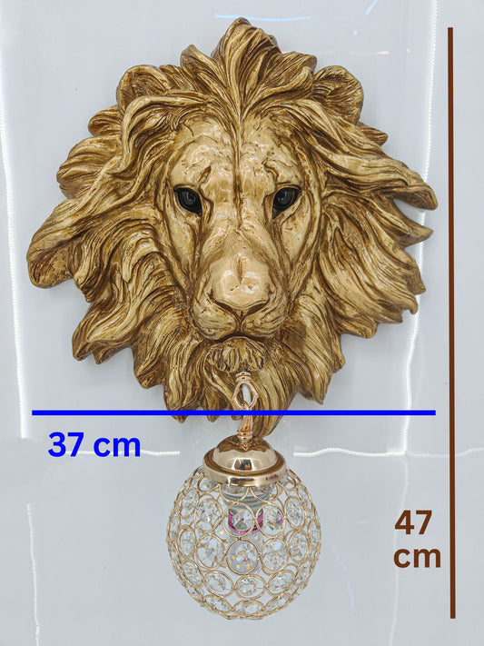 Swanart Leonara Lion Head Wall Light – Decorative Gold Lion Face with Crystal Globe, 37x47 cm – Elegant Wall Sconce for Living Room, Bedroom, and Offices