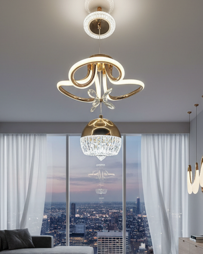 Swanart modern LED chandelier with crystal pendants, gold finish, dimmable ceiling light fixture for living, dining, or bedroom.
