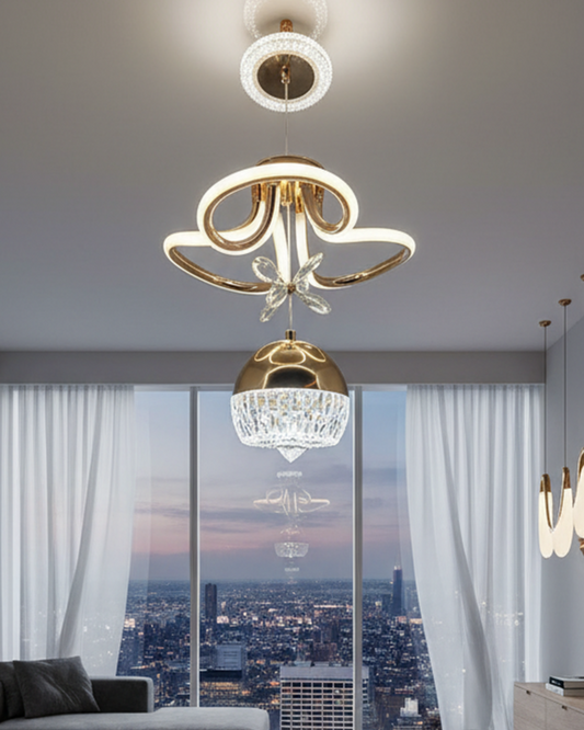 Swanart modern LED chandelier with crystal pendants, gold finish, dimmable ceiling light fixture for living, dining, or bedroom.