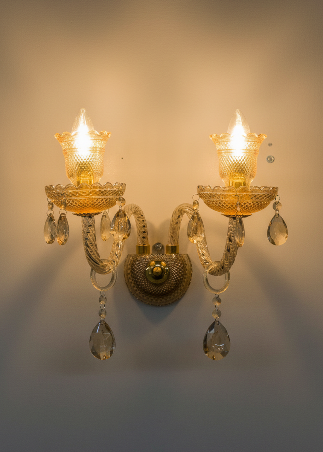 Swanart luxury crystal wall light with two gold sconces and hanging crystal drops, decorative LED wall lamp for living room or hallway.