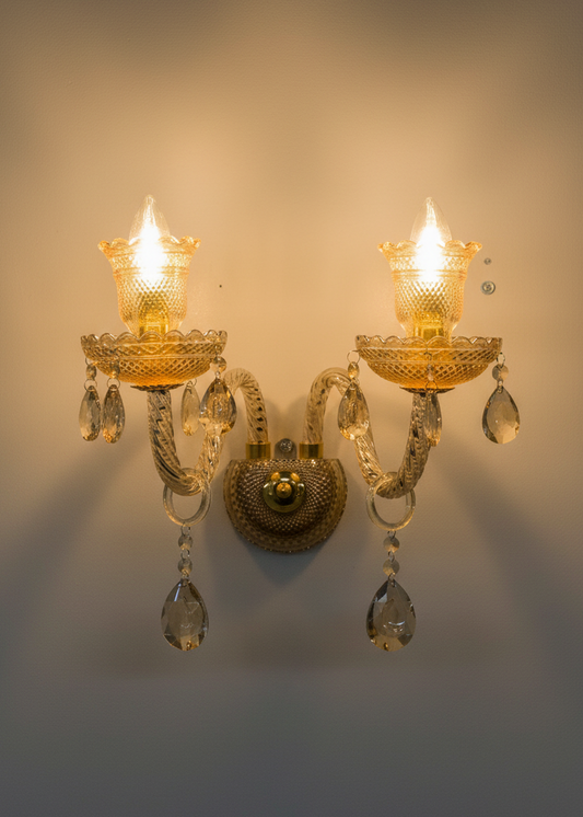 Swanart luxury crystal wall light with two gold sconces and hanging crystal drops, decorative LED wall lamp for living room or hallway.