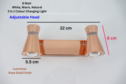 Swanart Luxurious Rose Gold 3-in-1 LED wall spot light with color-changing 8W fixture for pictures, displays, and mirrors.