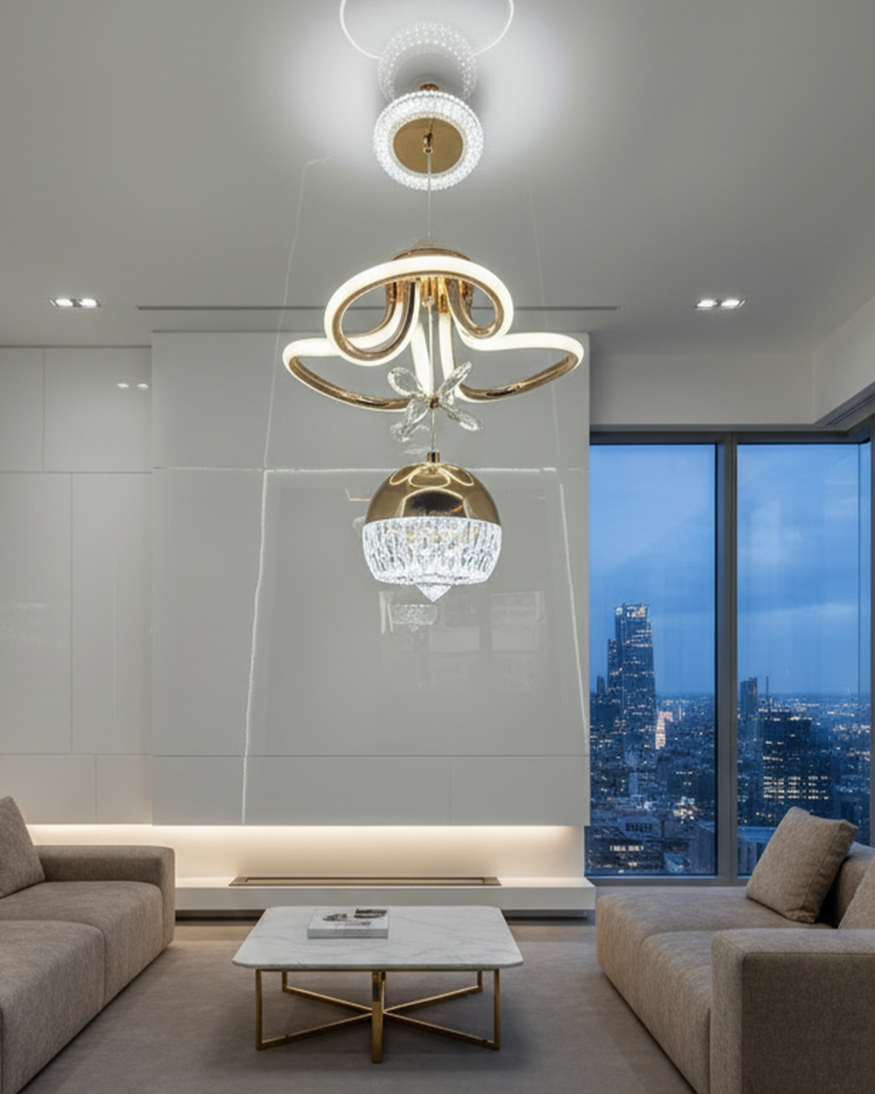 Swanart modern LED chandelier pendant light with crystal accents, gold finish, dimmable ceiling fixture for living, dining, or bedroom