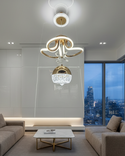 Swanart modern LED chandelier pendant light with crystal accents, gold finish, dimmable ceiling fixture for living, dining, or bedroom