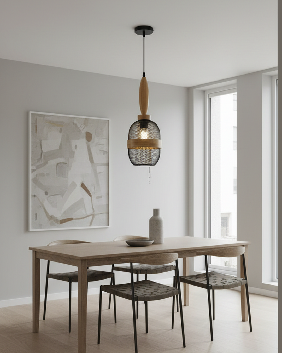 Swanart Modern Wooden Mesh Pendant Light, Decorative Hanging Light with Black Metal Cage Shade, Rustic Ceiling Lamp for Dining Room, Kitchen Island, Living Room, Pendant Light Fixture