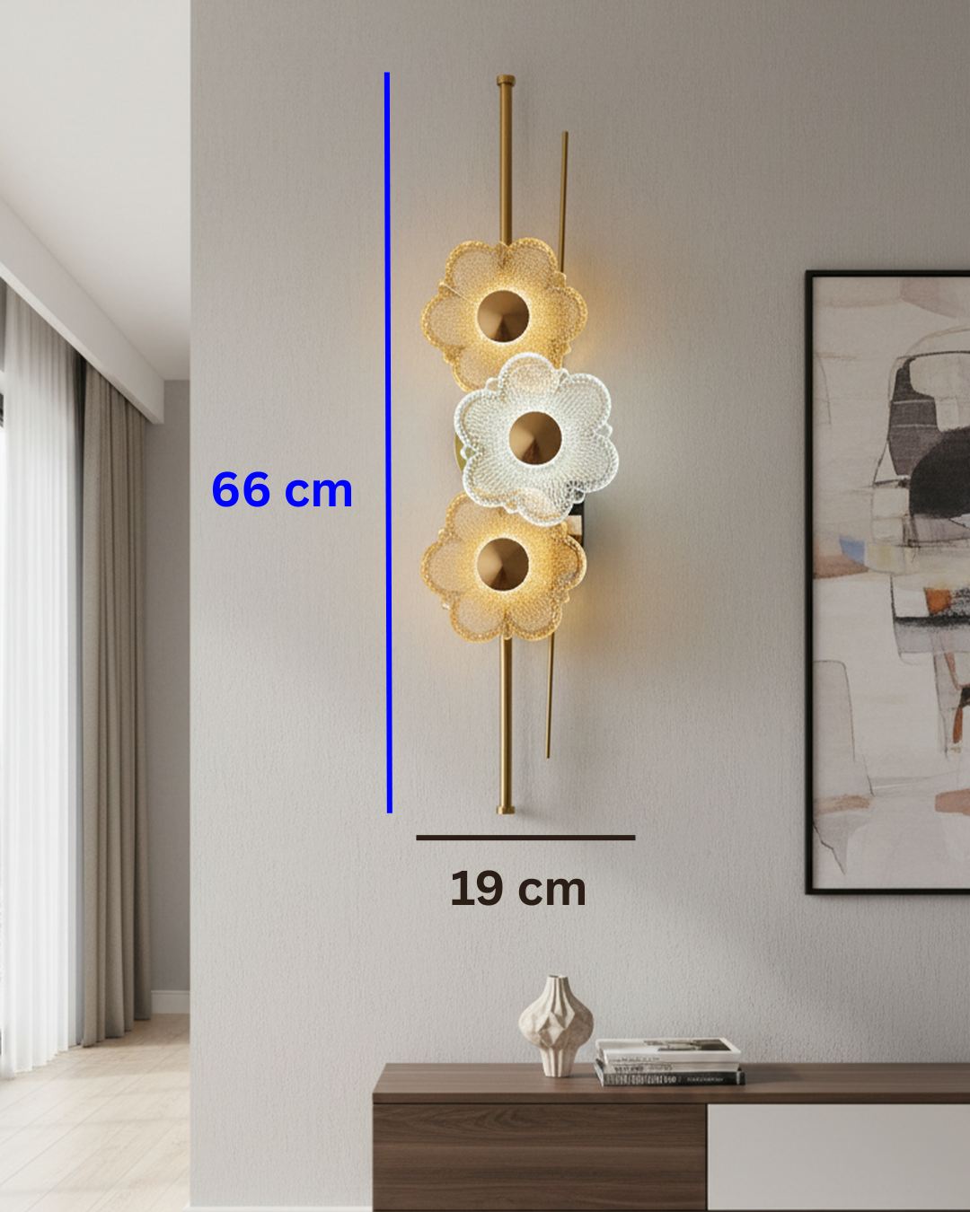 Swanart modern flower crystal wall light with gold finish, decorative floral glass LED sconce for living room, bedroom, or hallway lighting.