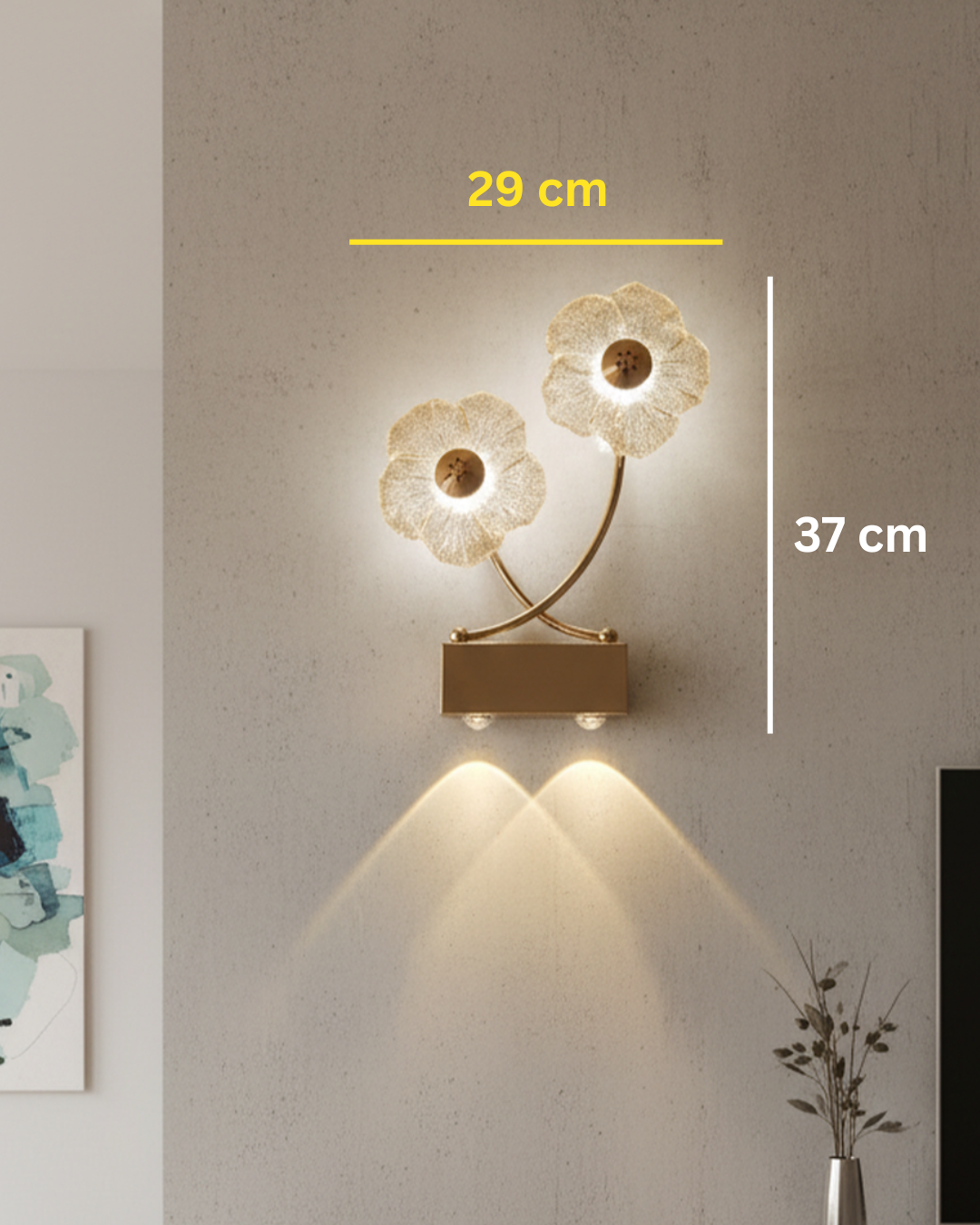 Swanart modern gold flower LED wall sconce with crystal petal design, warm light, decorative wall lamp for living room or bedroom.