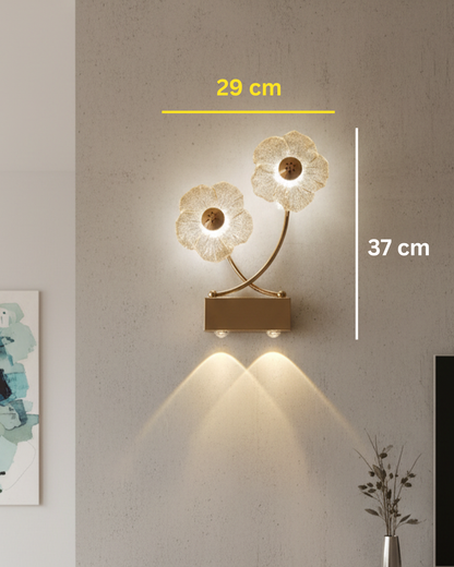 Swanart modern gold flower LED wall sconce with crystal petal design, warm light, decorative wall lamp for living room or bedroom.